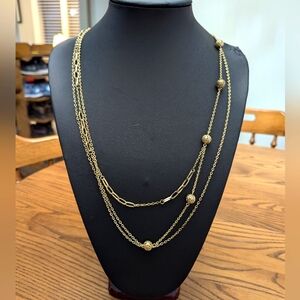 COPY - Tiered gold tone Ball and Chain Necklace. Layers. Filagree Balls. 27 inc…